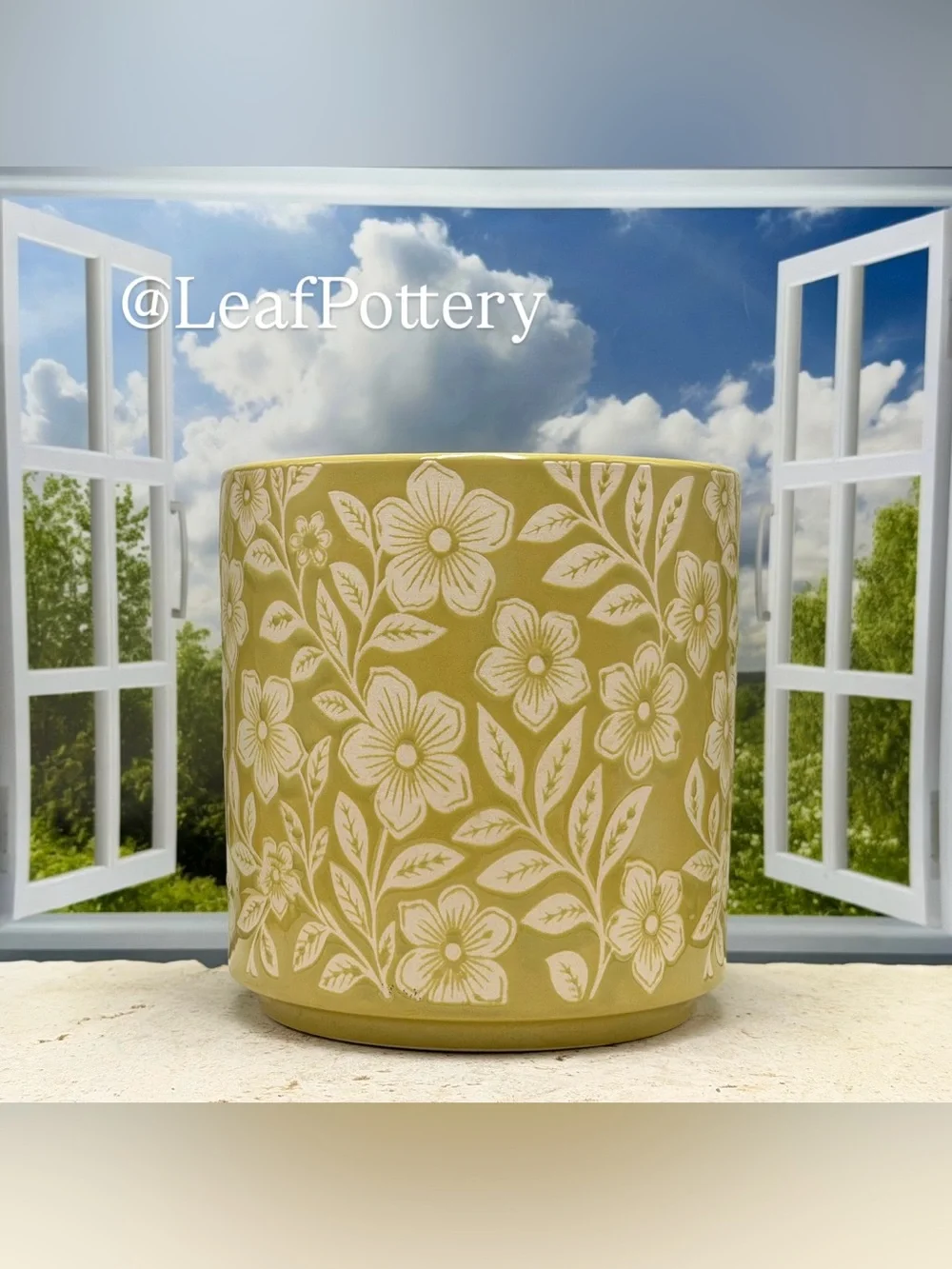 Mustard Yellow Floral Ceramic Planter with Drainage Hole, 6 Inch planter